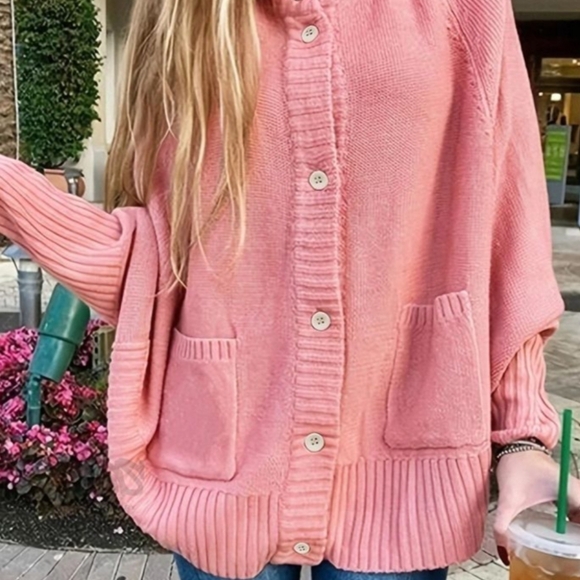Women's Pink Knitted Batwing Sleeve Turtleneck Cardigan Sweater NWOT - Picture 9 of 9